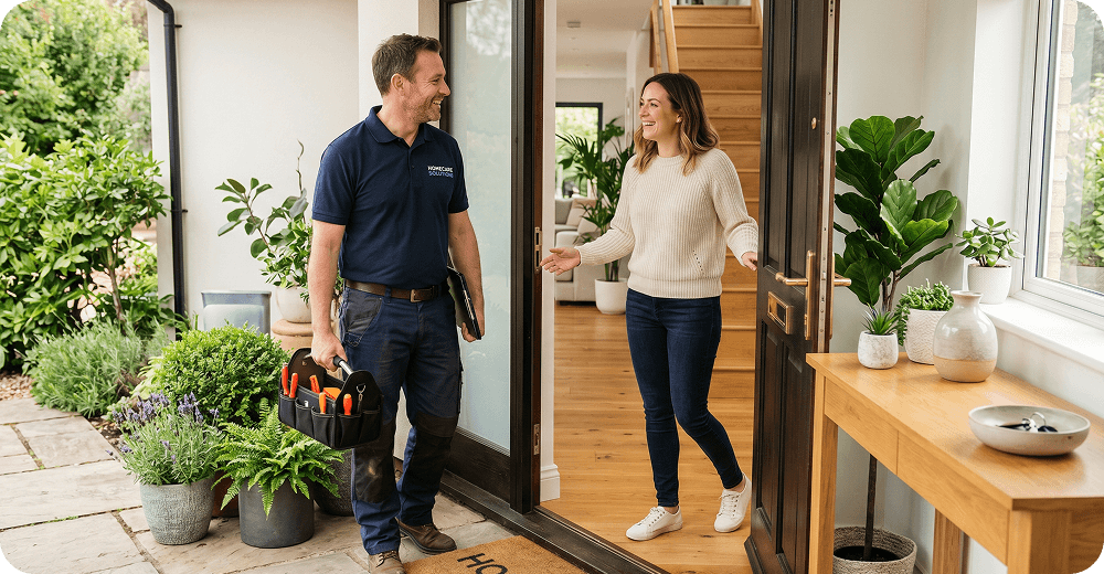 A service provider and homeowner greeting each other at a garden doorway