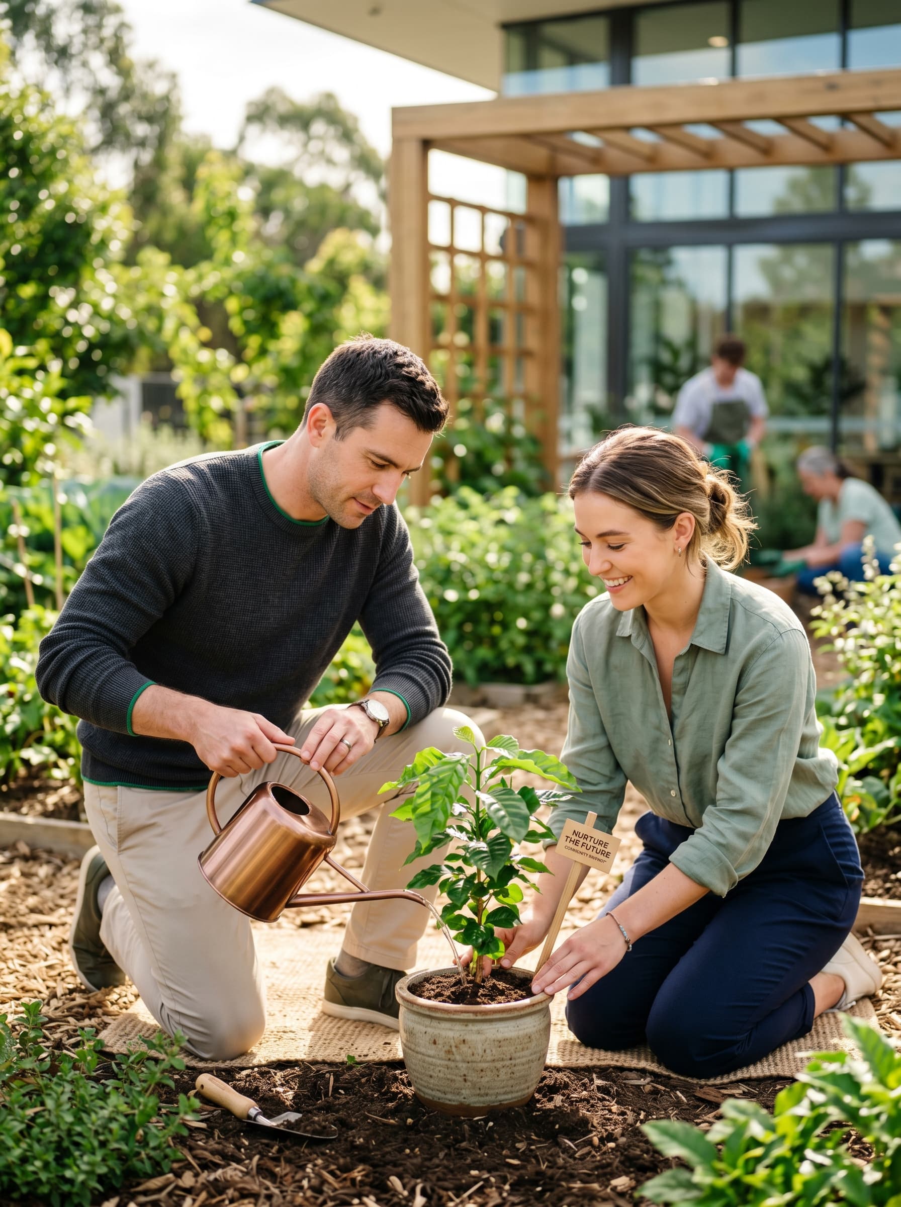 A couple tending to a plant together in a sunlit garden room
